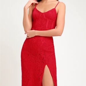 Love Me Right red lace bodycon midi dress